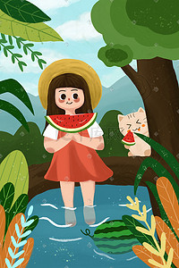 夏天河边吃西瓜消暑的小女孩
