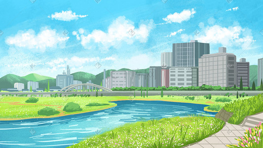 分层banner插画图片_夏日城市建筑有植物湖水风景