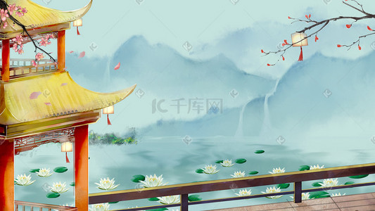 花卉中国风花卉插画图片_中国风建筑望月亭古风山水场景夏季风景