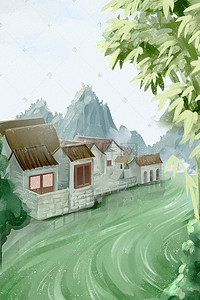 水水彩插画图片_水彩风格绿色诗意中国风古镇风景