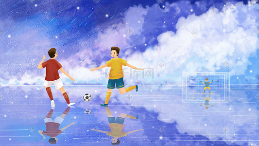 踢足球足球插画图片_踢足球运动男孩天空云风景背景欧洲杯