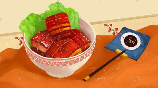 杭州东站插画图片_杭州地道美食红烧肉