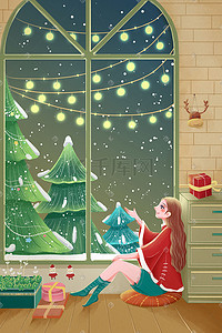 圣诞树圣诞插画图片_圣诞节窗外圣诞的节日气息手绘插画圣诞