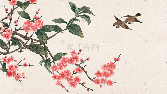 中国风工笔桃花和飞鸟