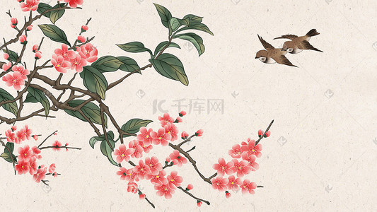 桃花节插画图片_中国风工笔桃花和飞鸟