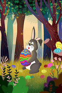 棕色的巧克力插画图片_复活节外出找巧克力蛋的兔子