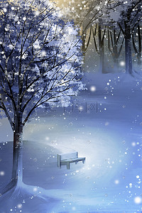 冬天下雪树林插画图片_大雪树林路边长椅风景