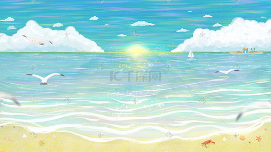 海鸥插画图片_蓝色治愈夏日立夏大海小清新背景配图