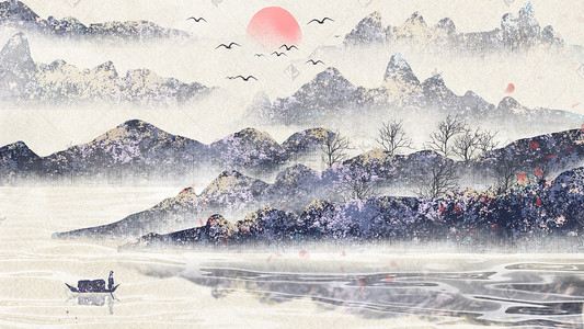 中国风水墨山川河流景色配图