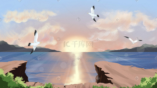 海浪大海插画图片_秋天天空蓝天云海海洋海浪大海海边背景
