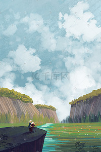 重阳登山插画图片_重阳节老人登山天空云风景背景