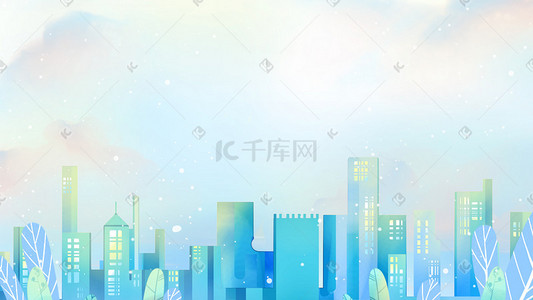 新疆建筑性标志插画图片_唯美治愈城市建筑蓝色小清新云背景风景