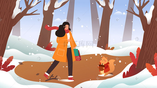 卡通清新冬季大雪动物雪景扁平手机页面配图