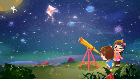 治愈唯美清新蓝色夜晚星空星球星星草地儿童望远镜背景