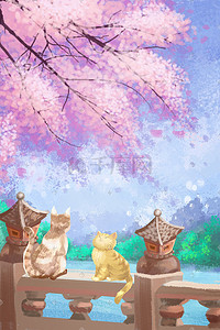 樱花节手绘立夏粉色清新猫咪插画