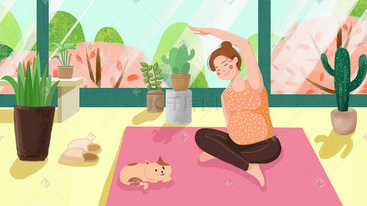 瑜伽插画图片_母亲节准妈妈运动瑜伽锻炼猫咪