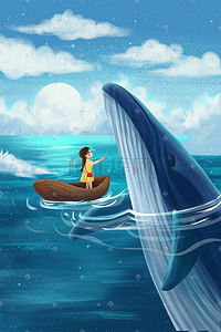 海洋生物吃什么插画图片_保护动物保护海洋鲸鱼小清新女孩治愈