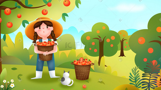 秋季天猫海报插画图片_秋收大丰收果园摘果子女孩猫咪果树