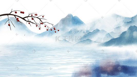 中式青花瓷花纹插画图片_山水水墨杨梅压雪风景景色插画