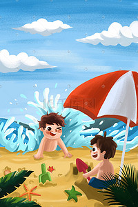 人物海边插画图片_夏天夏季海边玩耍儿童童趣小清新