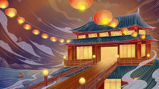 中国风大气场景月色下的水上楼阁手绘插画