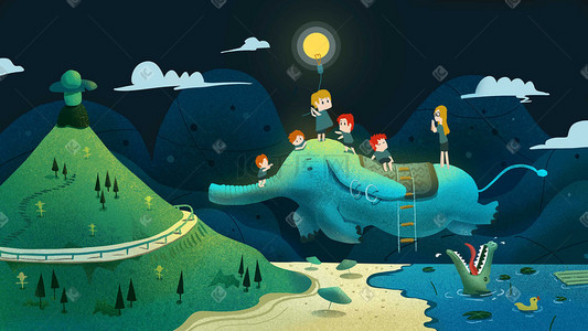 乡村的插画图片_教师节童话系主题坐在大象上的老师和孩子们