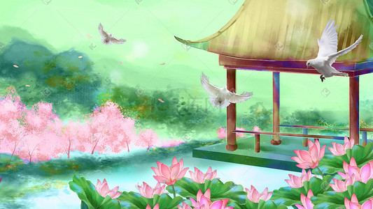 花卉中国风花卉插画图片_中国风花卉建筑富贵满庭夏季荷塘庭院