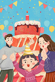 生日蛋糕蜡烛气球派对清新彩色手绘风格插画