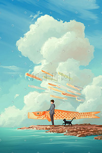 猫咪猫咪插画图片_春天海天空蓝天云少年鲤鱼旗猫风景背景