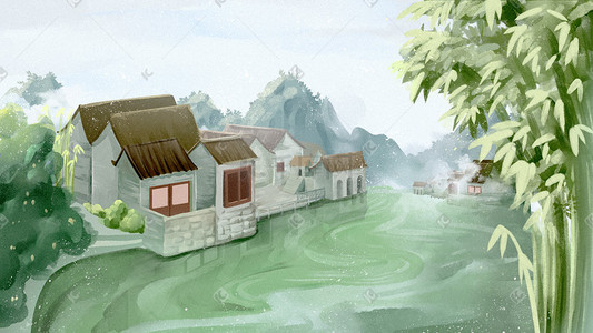 水彩风格绿色诗意中国风古镇风景