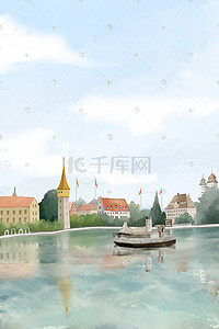 河道施工插画图片_水彩欧洲风景河道小镇风光