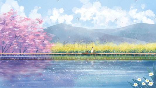 冬樱花树插画图片_春天景色主题之油菜花与樱花风景