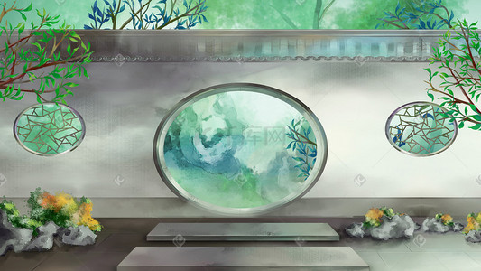 拱门插画图片_中国风花园拱门园林古风建筑绿色夏季风景