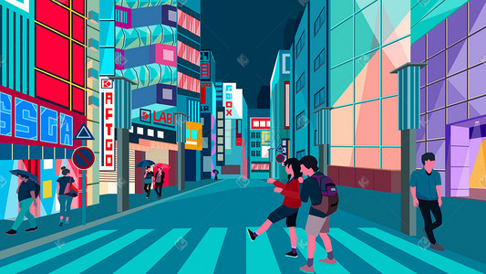 扁平化城市生活街景插画