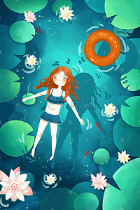 游泳少女插画图片_荷花池游泳的少女享受舒适