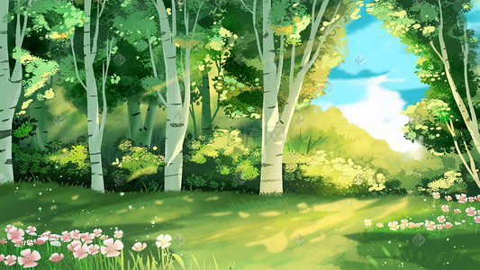 春季插画图片_春季春天风景绿色植物草地森林树林花朵