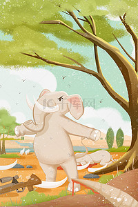 大象插画图片_绿色丛林动物保护大象爱护动物保护自然