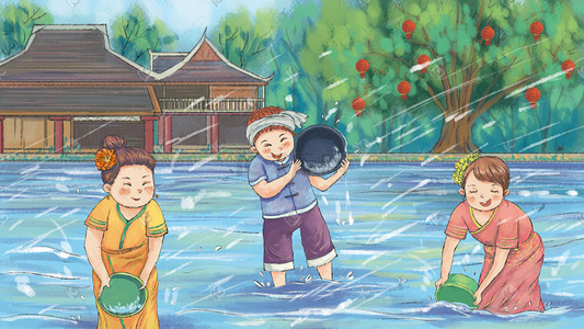 民族舞展板插画图片_少数民族主题之傣族泼水节场景