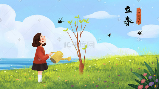 立春女孩天空云草地树叶树风景背景