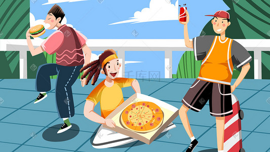 汉堡插画图片_蓝色系卡通手绘风美食披萨汉堡配图