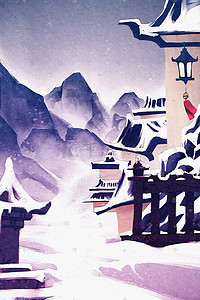 雪地古风插画图片_古风唯美大雪古代建筑风景背景图