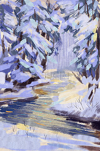 冬天下雪树林插画图片_冬天雪景下雪的丛林油画插画