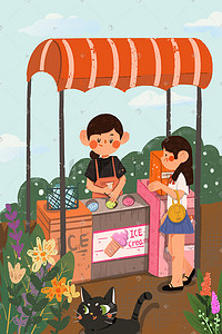 夏日促销插画图片_夏日女孩在小吃车买冰淇淋卡通插画促销购物618