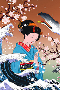 国潮日系浮世绘女人仙鹤樱花海浪和服