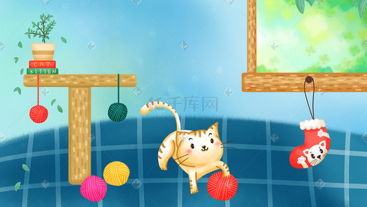 猫咪猫咪插画图片_宠物生活场景猫咪猫窝毛线球