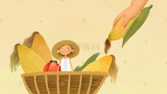 风树叶风插画图片_黄色系卡通手绘风立秋玉米配图