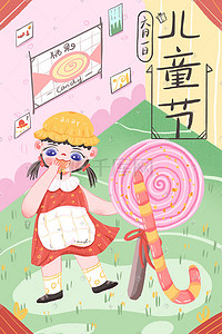 糖果图插画图片_六一儿童节卡通可爱小女孩吃糖果配图六一
