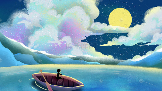 卡通船船插画图片_蓝色卡通手绘治愈天空蓝天云夜晚星空星星船背景