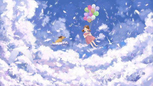 音符漂浮插画图片_在天空云层中气球漂浮治愈系