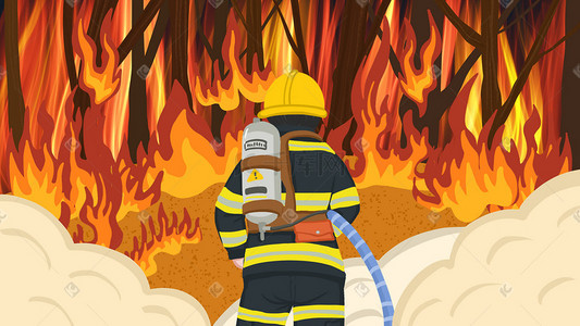 安全风险提示卡插画图片_消防安全奔向大火的消防员科普